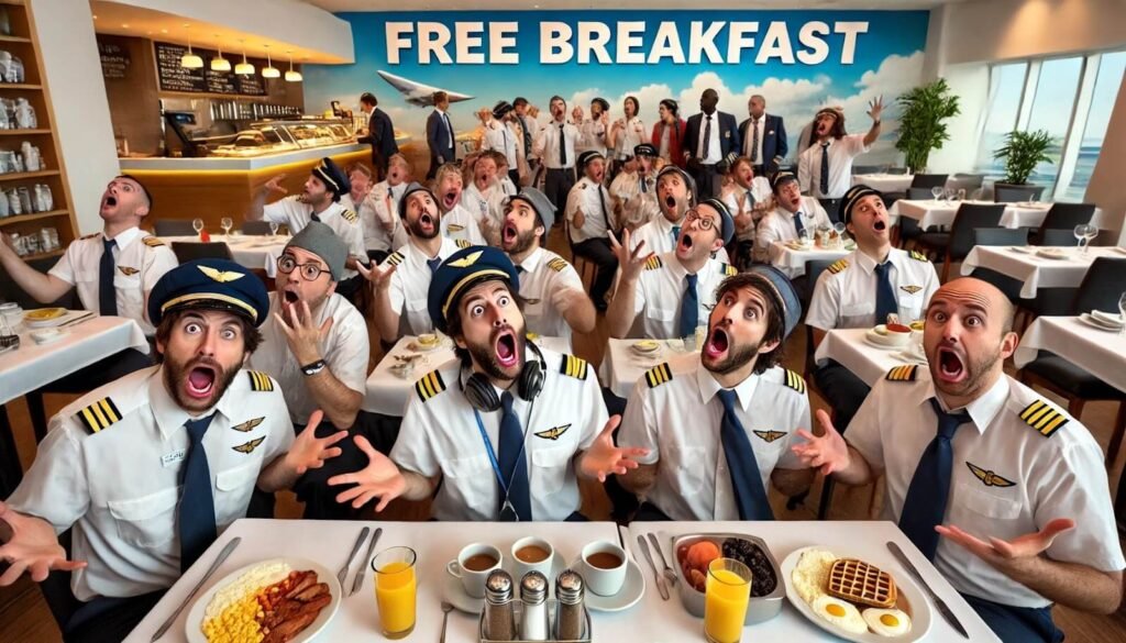 5 Steps to Crush Your Type Rating 2 Airline pilots in uniform reacting excitedly to a free breakfast during type rating training
